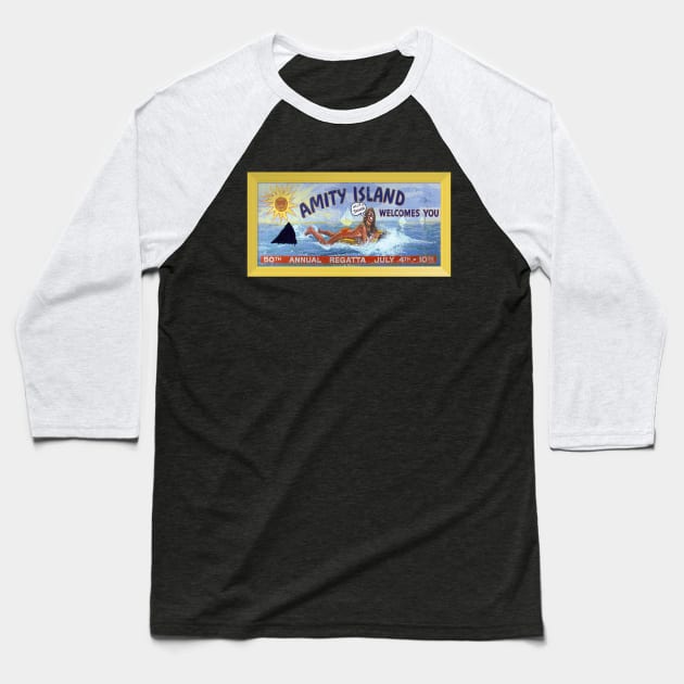 Jaws — Amity Billboard (with graffiti) Baseball T-Shirt by GraphicGibbon